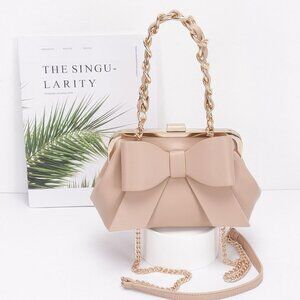 Faux Leather Ribbon Chain Handle Party Clutch